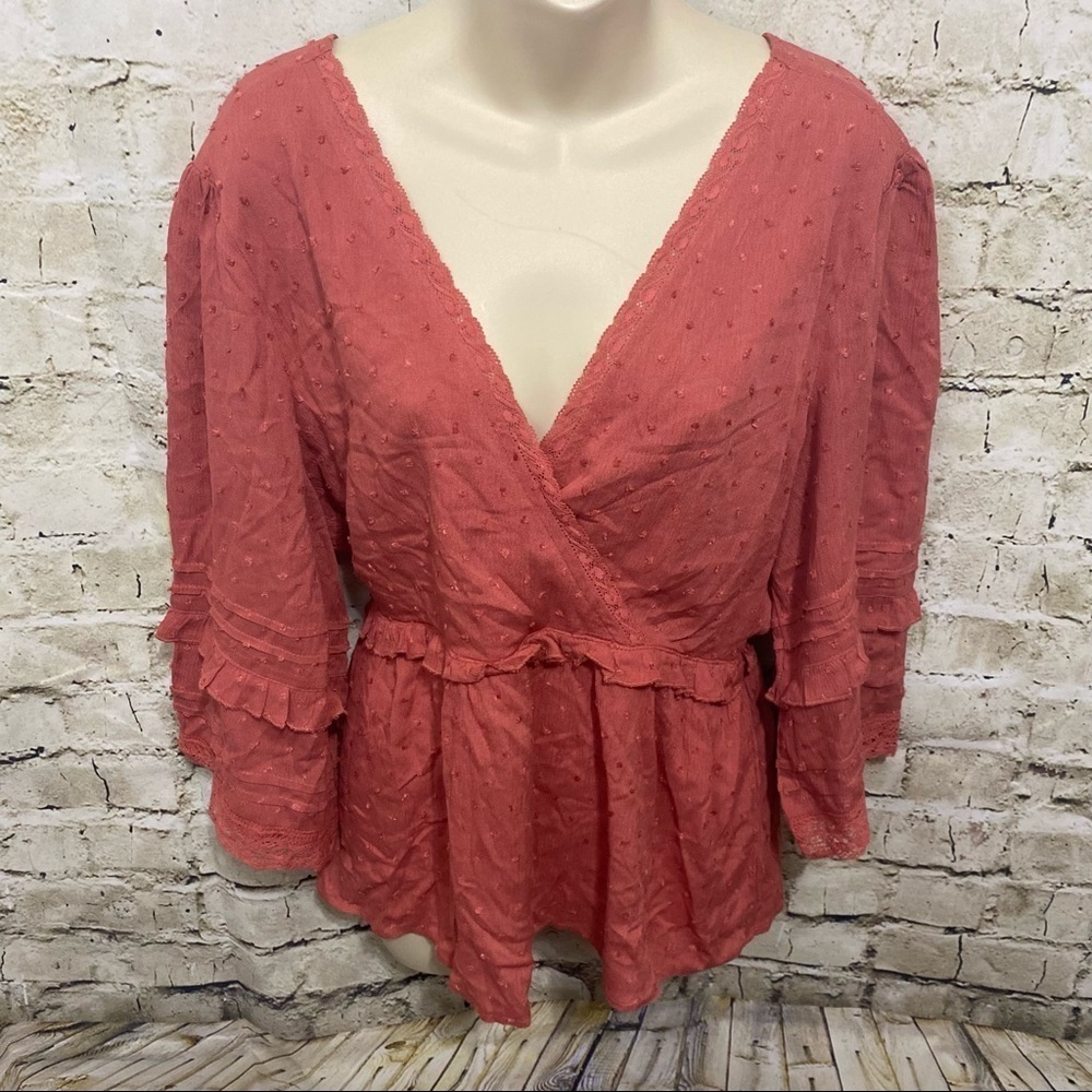 NWT L Love Rose Deep V Neck Back 3/4 Bell Sleeve Boho Top